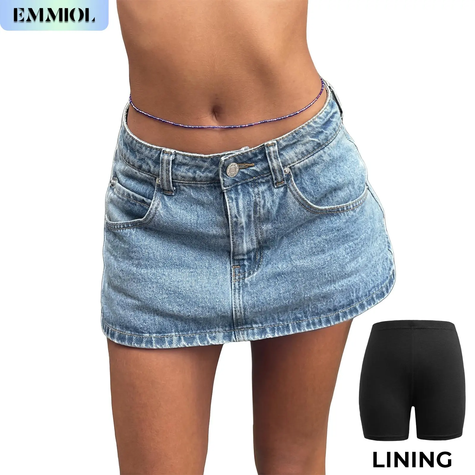 EMMIOL【Back to School】Low Waist Denim Skirt Skorts Mini Denim Shorts Bodycon Mini Jean Skirt Vintage Y2K Skirt for Women - Casual Style Regular Fit Above Knee Cotton Material Multi Belt Loops Chic Womenswear Machine Washable Summer vibes