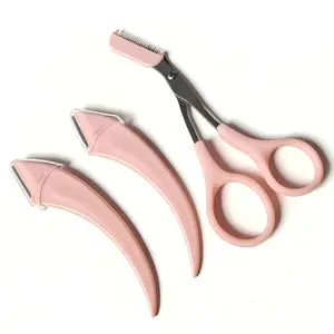Pink Eyebrow Grooming & Trimmer Set, Bathroom Daily Grooming Tool, 2 Curved Razors + 1 Scissors, Stainless Steel Blades, Perfect for Eyebrow Trimming & Shaving, Salon Quality, Neat Contours, Flawless Brows Eyebrow Set Long-Lasting Beginner tiktokshopsprin