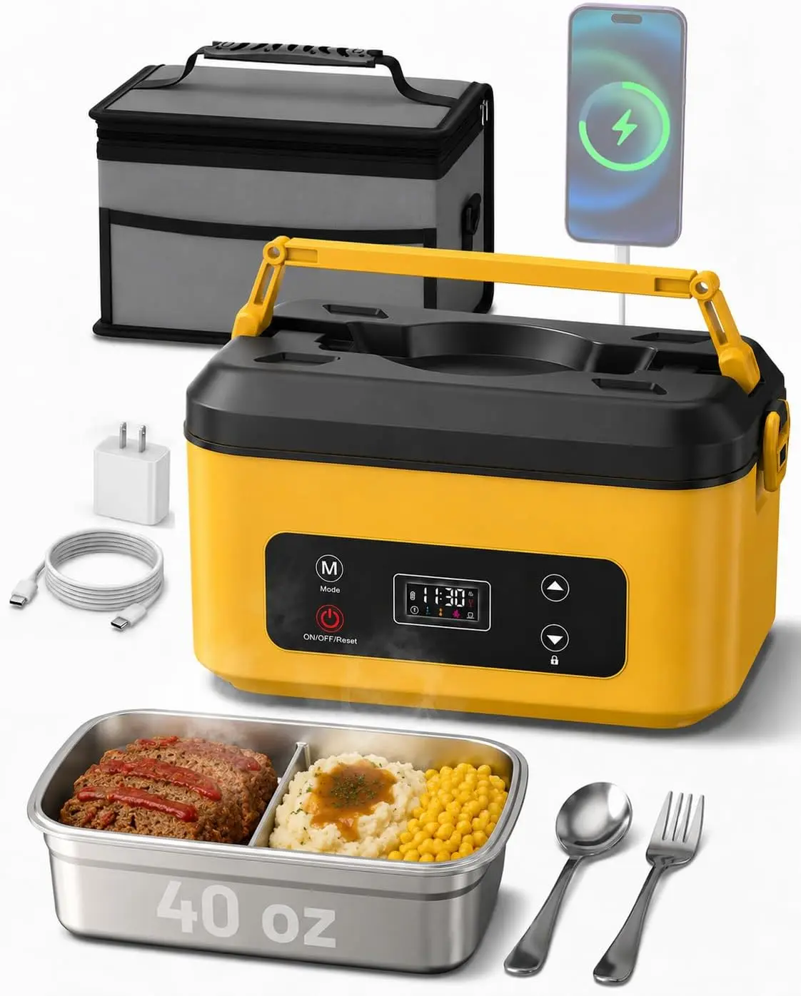 TaskStar Heated Lunch Box, Cordless Battery Powered Electric Lunchbox | Rechargeable, Scheduled Heating Timer, Portable for Truck Drivers, Construction Sites, Travel and Outdoor Meals, 1.2L