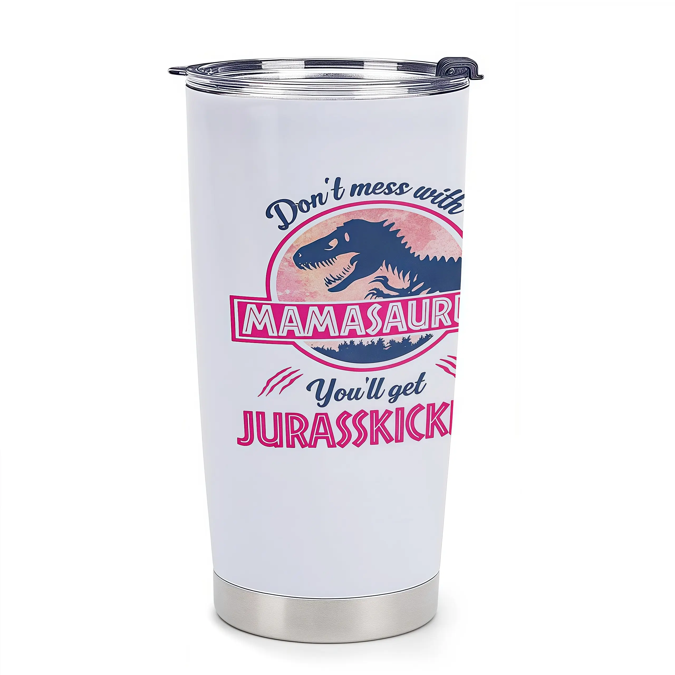 20oz Insulated Stainless Steel Mamasaurus Tumbler - Lidded Portable Animal-Themed Vacuum Flask, Dinosaur Mom Gift with Nutrition Facts for Mother's Day, Birthday, Tumbler -A