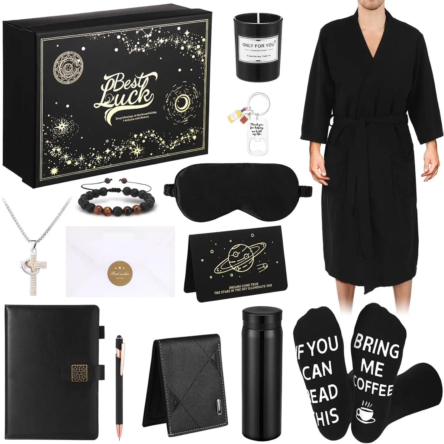 13 Pcs Birthdays Gifts Baskets for Men Get Well Gifts Set for Men Father's Day Gift Box Tumbler Wallet Robe Scented Candle Notebook Sock Bracelet for Father Dad Boyfriend Husband(Black)