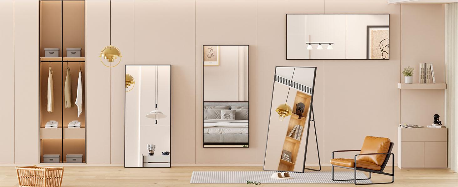 [Live] Full Length Mirror Body Mirror Floor Standing Mirror Hanging/Leaning Against Wall, Aluminum Alloy Thin Frame for Bedroom Cloakroom Decor Black-Arched