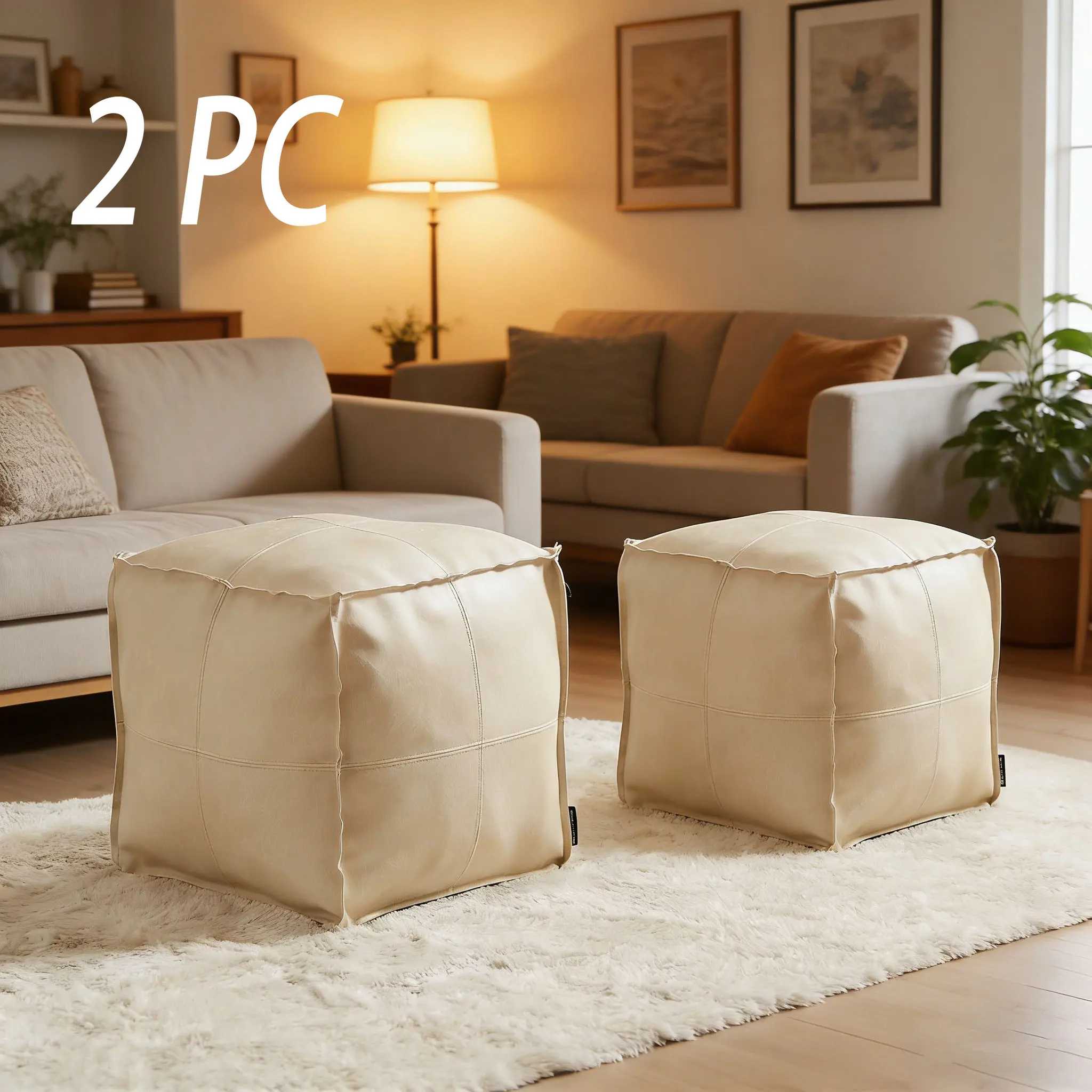 Faux Unstuffed Square Pouf Cover - Modern 1-Seater, Scratch-Resistant, Exposed Stitching, DIY Fillable Compact Space-Saving Cushioned Footstool Side Table for Monochrome Home Decor (Footstools & Ottomans), Compact Space-Saving Footstools & Ottomans