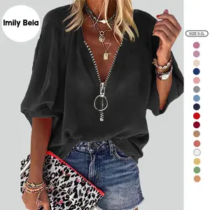 Imily Bela Womens V-Neck Lantern Sleeve Blouse Zipper Design Loose Casual Top Shirts