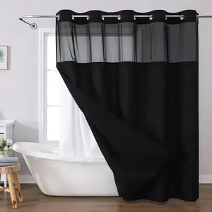 Waffle No Hook Double Layer Solid Color Shower Curtain with Sheer Waterproof Polyester Bath Curtain Detachable Liner 180cm Width for Hotel Bathroom Partition.Household Items