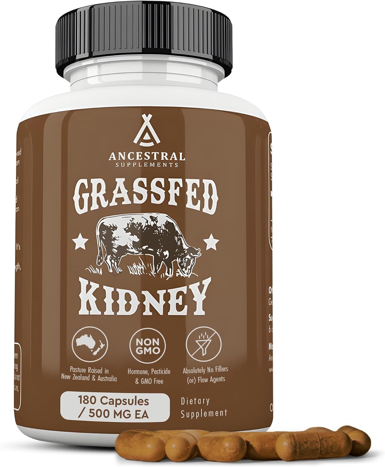 Ancestral Supplements Grass-Fed Kidney Capsules – Freeze-Dried, Non-GMO, Made in USA, 180 Count