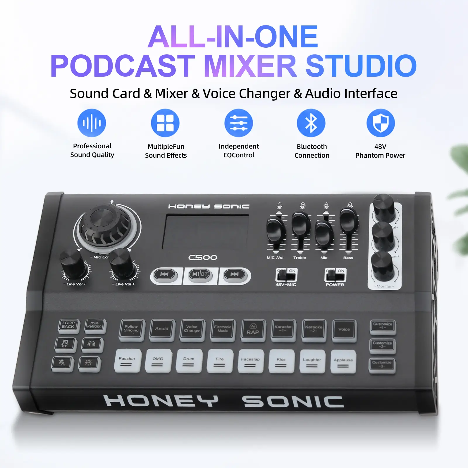 RGB Multi-Effect Live Audio Mixer Sound Card - Black C500 All-in-1 Home Amplifier with Dual-Core DSP Chip, Built-in DJ Sound Effects, Karaoke Support, Buttons, Cable, 5V Power, Adjustable Settings, Shock Mount, Streaming Device, Daily Use