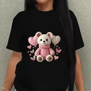 Women's Soft T-Shirt with Adorable Teddy Bear & Balloon Print – Short Sleeve, Casual Round Neck Top, Lightweight & Stretchy for Casual Attire, Casual Daily Wear | Girly Casual Style | Comfortable Fit