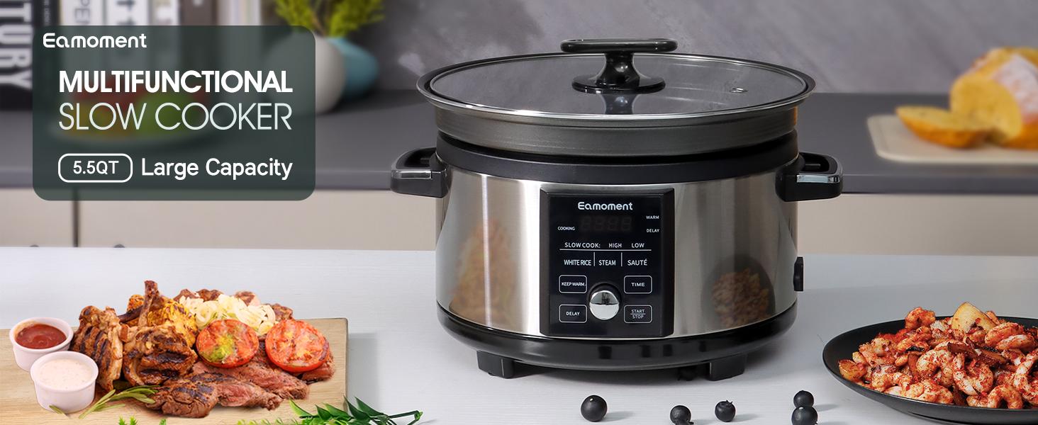5.5QT Programmable Slow Cooker with Timer Non-Stick Aluminum Liner Large Capacity for Family Meals Multiple Functions Slow Cook Steam Saute Warm Delay Dishwasher Safe