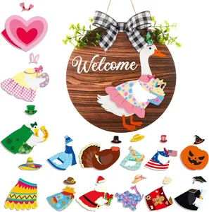 Cute Goose Sign for Front Door 16pcs Interchangeable Goose Sign Say Welcome Goose Wooden Sign for Summer Seasonal Holiday Changeable Welcome Decoration for Door Hanger Farmhouse Porch Geese Outdoor,Gift for Goose Lovers