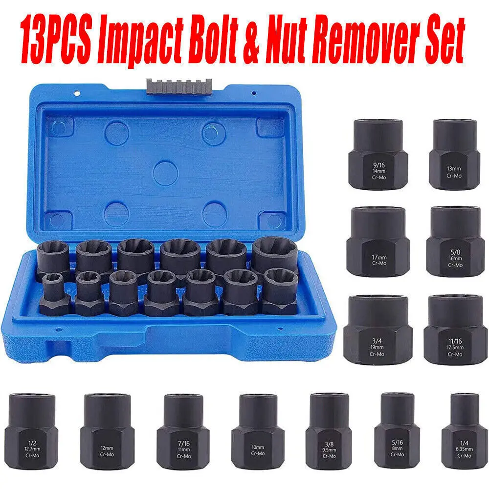 Impact Bolt Extractor Set Nut Remover Set Stripped Extraction Socket Tool 13Pcs Impact Bolt Extractor Set Nut Remover Set Stripped Extraction Socket Tool 13Pcs