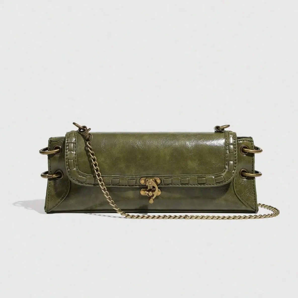 Women's Retro Baguette Shoulder Bag, Elegant Crossbody Purse with Bronze-Tone Chain for Casual, Party, and Evening Wear, Fashionable Bags, Street, Vintage