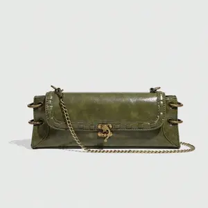 Vintage bronze-tone chain shoulder bag for women, baguette crossbody underarm bag, elegant fashion handbag, suitable for dates, parties, and everyday wear