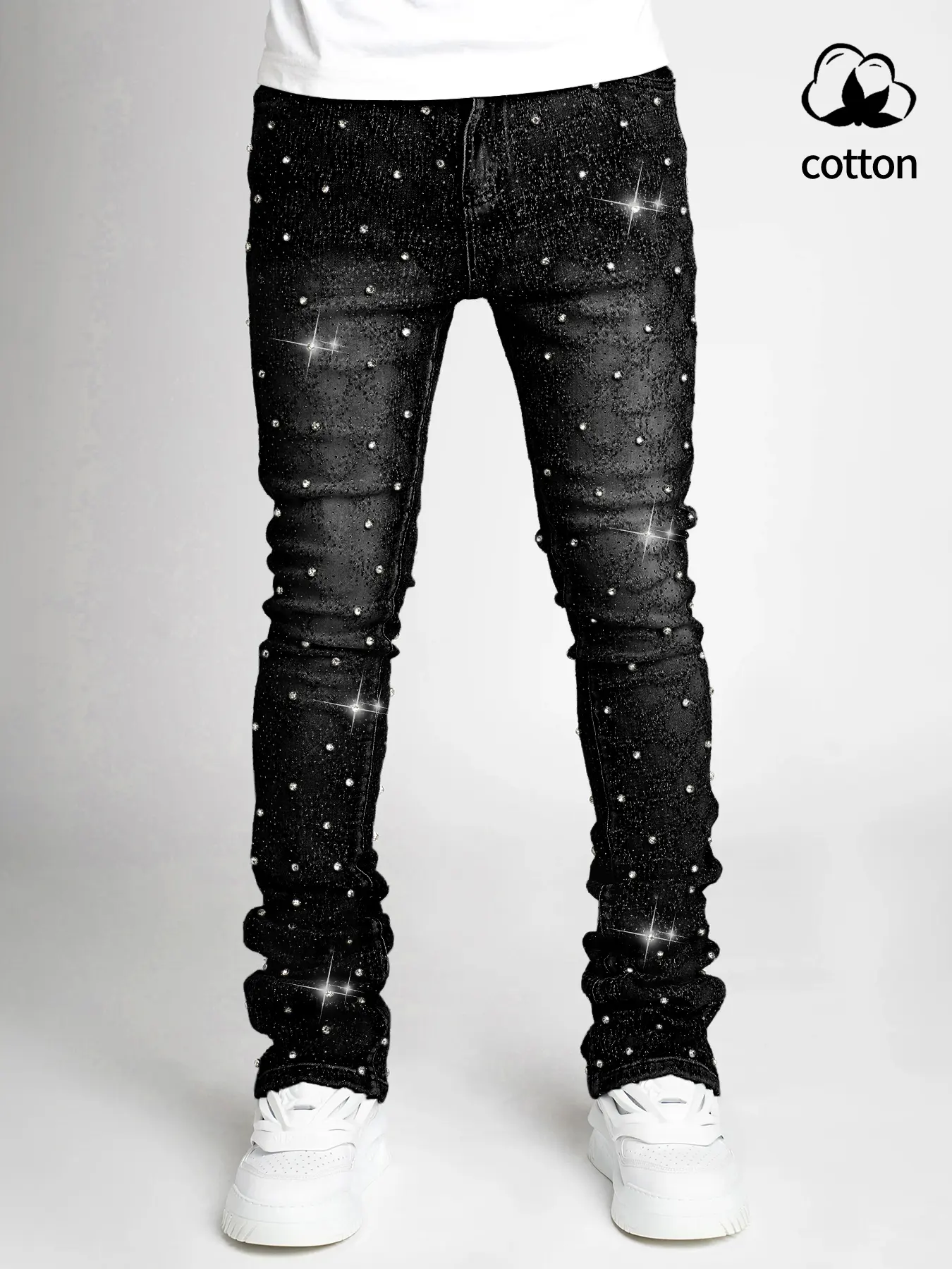 Men's Rhinestone Embellished High-Waist Stretch Denim Jeans - Straight Leg, Skate-Dance Ready, Street Style, All-Season Menswear Jean Pants Bottoms, Black, Size XXL 44, Streetwear