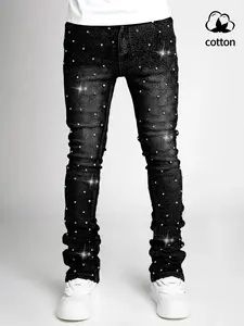 Men's Rhinestone Denim Jeans High Waist Straight Leg Fit Shiny Stretch Hip Hop Skateboarding Rap Dance Street Style All Seasons Menswear Tops Embellished Slim-Fit