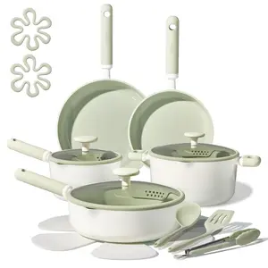 [Official] CAROTE 17pcs Sage Green Ceramic Cookware Set, Non Toxic Pure White/Pink Pots and Pans Set Nonstick, All Stovetops Compatible