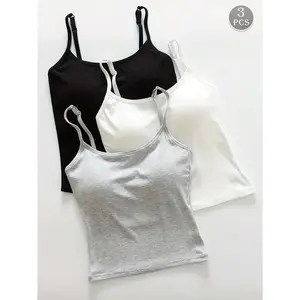 3pcs Women Plain Ribbed Camisole With Padded Bra, Casual Skinny Crop Womenswear Piece Nightwear Tops Comfort Sleeveless Slim Spaghetti Strap