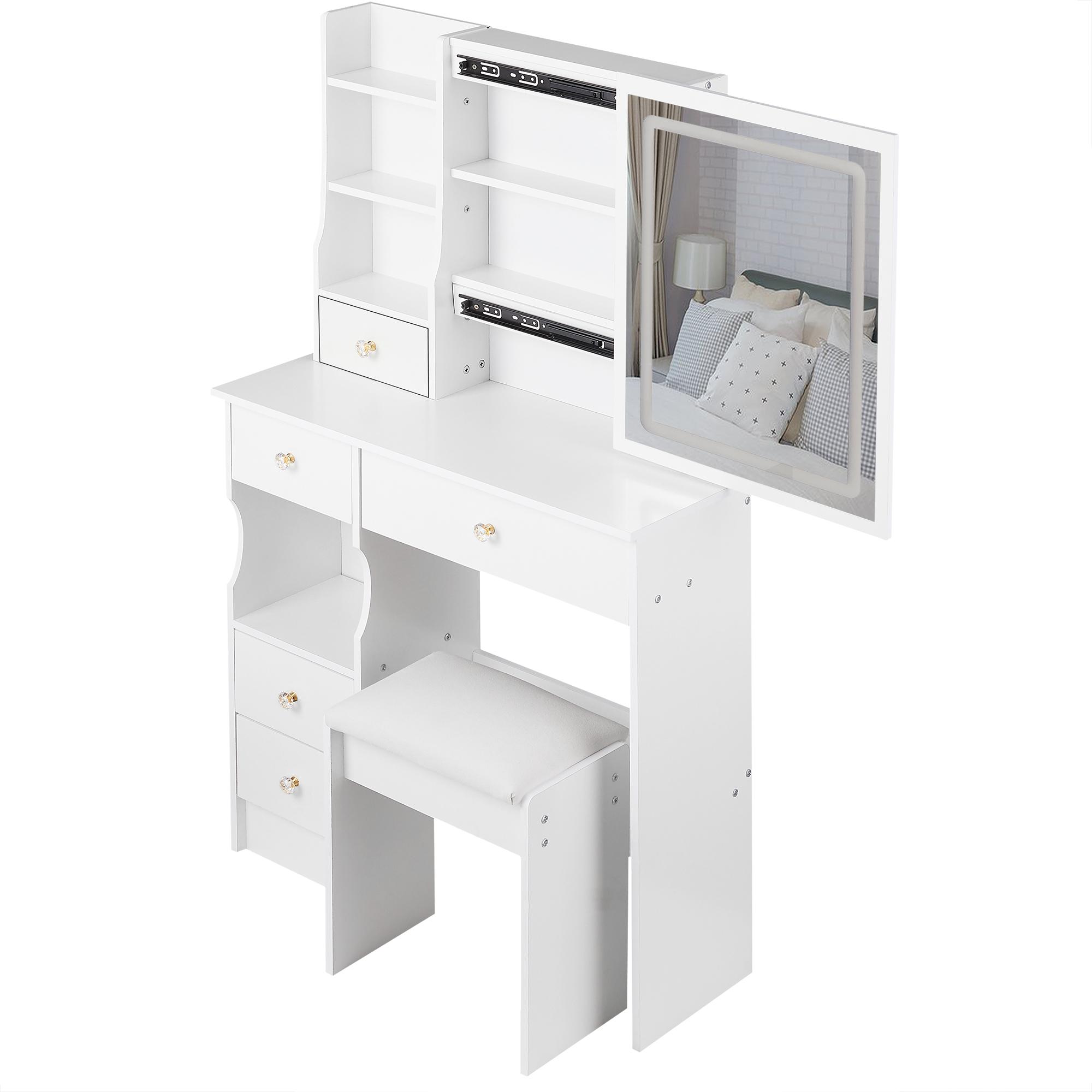 29.2" Small Size Left Drawer Desktop Vanity Table + Cushioned Stool, Large Sliding, Touch Control, Tri-color Switching, Brightness Adjust LED Mirror, High Capacity Storage, Suitable for Small Space 29.2" Small Size Left Drawer Desktop Vanity Table + Cushioned Stool, Large Sliding, Touch Control, Tri-color Switching, Brightness Adjust LED Mirror, High Capacity Storage, Suitable for Small Space