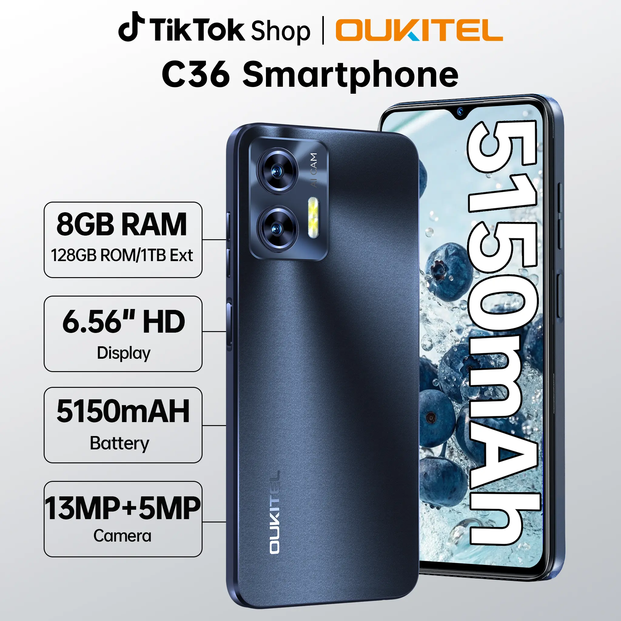 OUKITEL C36 Cell Phone - 12GB+128GB Portable Touch Screen Mobile, Octa-Core 4G, 6.56'' HD+ Display, 5150mAh Battery, Dual SIM, Face ID & Fingerprint Unlock