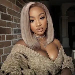 Ash Blonde Bob Wig 100% Human Hair 13x4 HD Lace Front Wigs 180 Density Ombre Gray Ash Blonde Straight Lace Frontal Wig With Dark Roots Invisible Knots Pre Plucked Short Bob Wig For Women 12 Inch