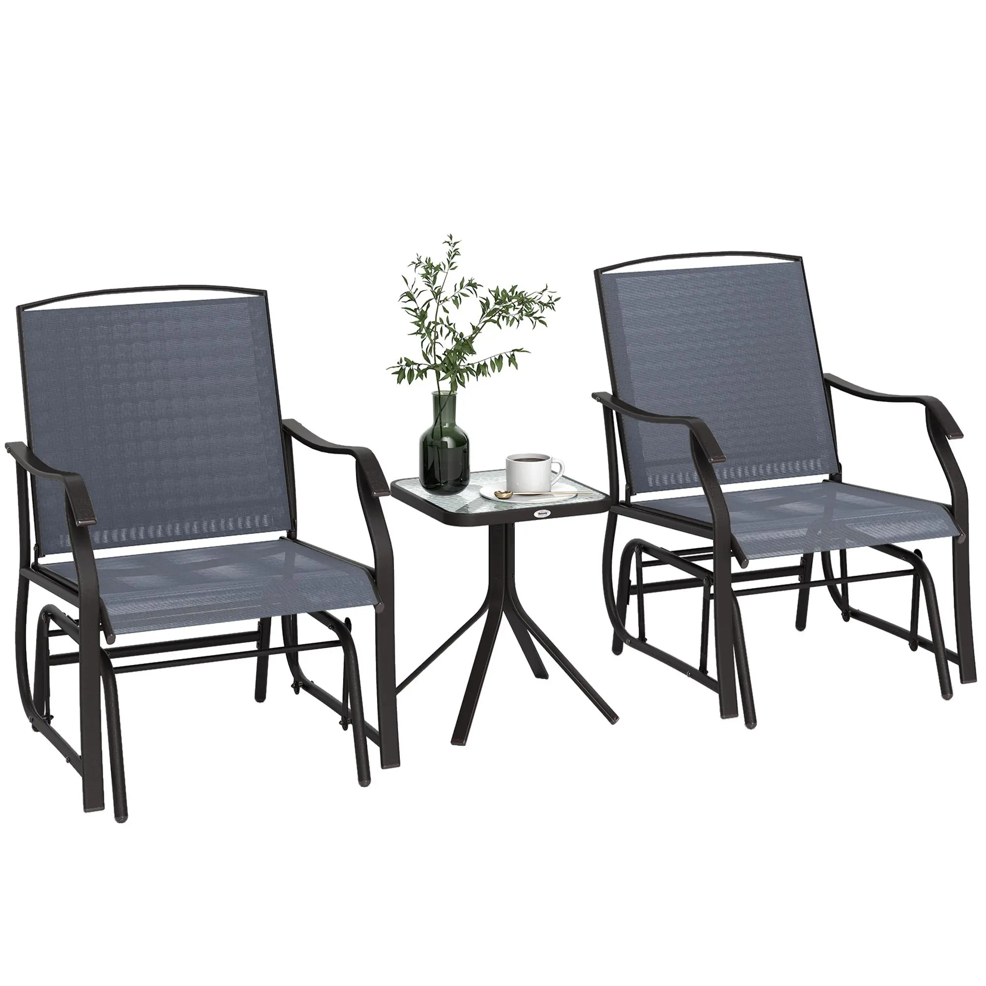 Outsunny 3-Piece Outdoor Porch Furniture Bistro Set - 2 Sturdy Waterproof Mesh Rocking Swing Chairs (weight cap 352lbs, 24.5"w x 28.25"d x 36.25"h) with Curved Arms, Breathable Sling Fabric, Wipe Clean Glass Tabletop Glider (66lbs cap) for Backyard