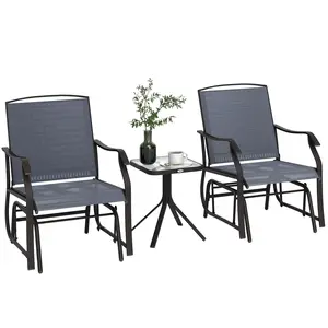 Outsunny 3 Piece Outdoor Glider Chair with Coffee Table Bistro Set, 2 Patio Rocking Swing Chairs with Breathable Sling Fabric, Glass Tabletop, for Backyard, Garden and Porch