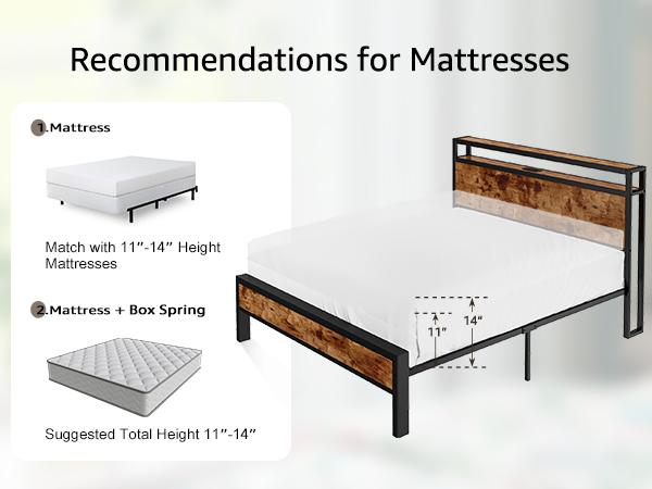 AMERLIFE Rustic Full /Queen/King Size Bed Frame,  Industrial Metal Bed Frame with 2-Tier Storage Headboard and Charging Station, No Box Spring Needed/No Mattress/Small Unique House Furniture Room