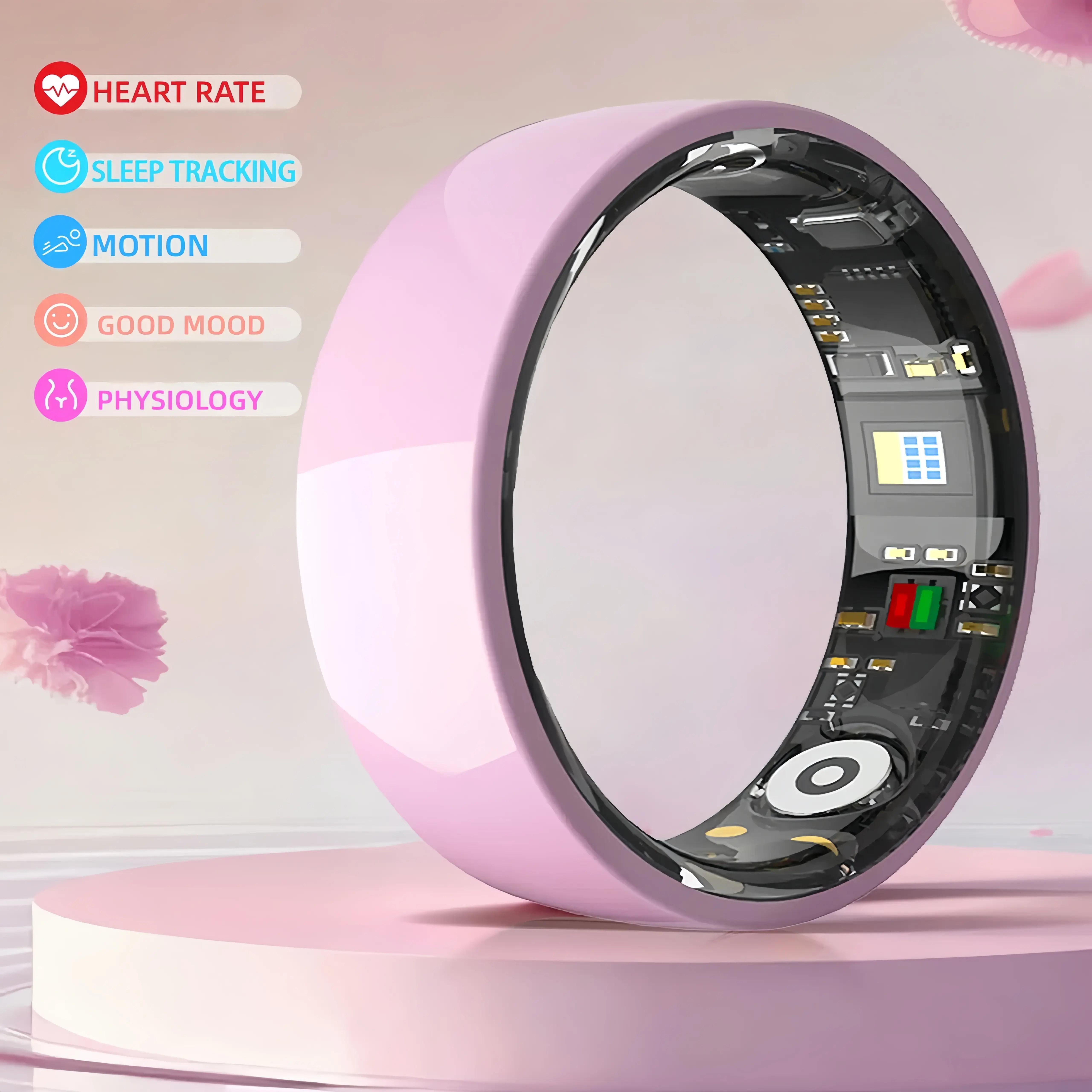 Pink Ceramic Smart Ring for Women, Fitness & Sleep Tracking, Wellness Tracker, IP68 Waterproof, 3–5 Day Battery, iOS & Android Compatible, Charging Case