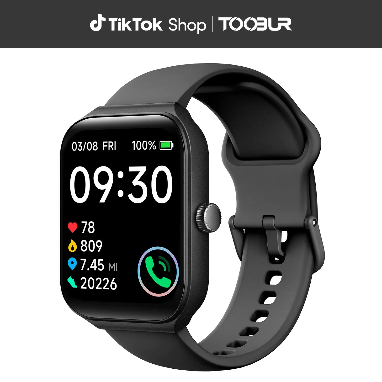 TOOBUR 1.95" Smart Watch with BT Answer/Make Calls Smart Voice Assistant Sleep Tracking IP68 Waterproof Step Calorie ActivityTracker 100 Sports Fitness Tracker Smartwatch for Men Women Compatible iOS Android Phones Wearable Black