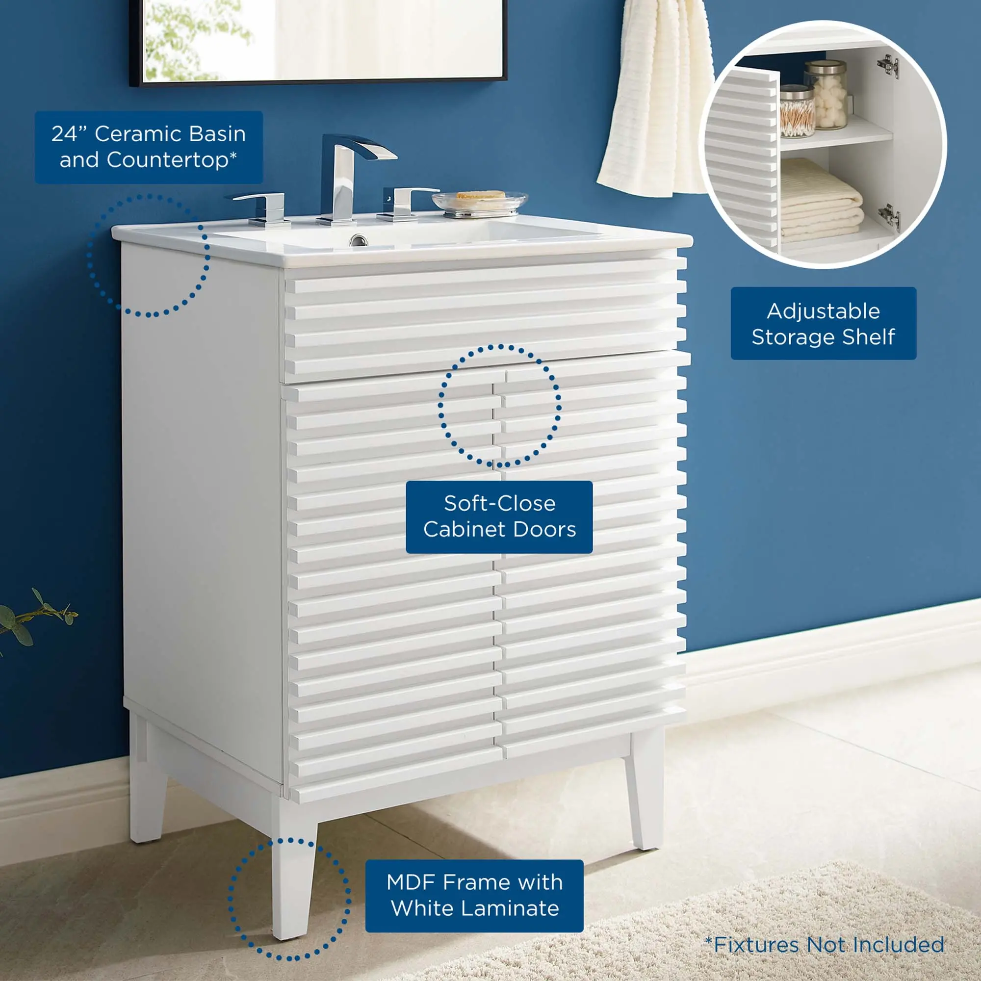 Modway Render White Mid-Century Bathroom Vanity with Adjustable Storage Cabinet, Particleboard Construction, Ample Storage Space, Assembly Required Home Improvement Bathroom Fixture Set