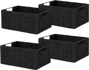 Black Wicker Storage Baskets Set of 4, Foldable Paper Rope Organizer Bins with Handles for Shelves, Toilet Paper, Towels, Living Room and Home Decor