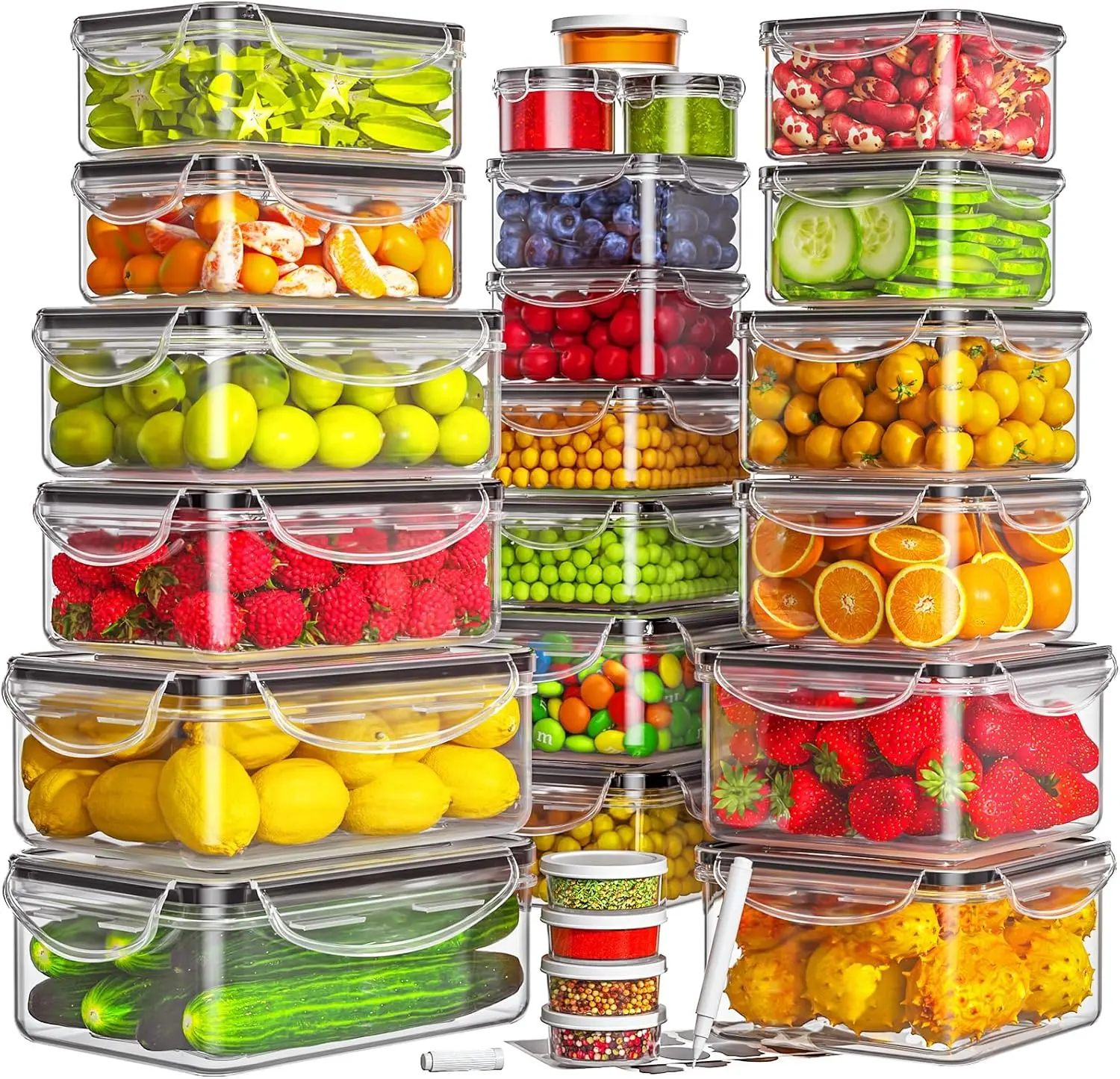 25 Pack Reusable Food Organizer Set (25 Food Containers + 25 Lids) - Airtight, Washable, Stackable Durable Plastic Kitchen Storage Containers with Labels & Marker Pen for Fridge Meal Prep, Square,Stackable Plastic Container Stackable Clear Container