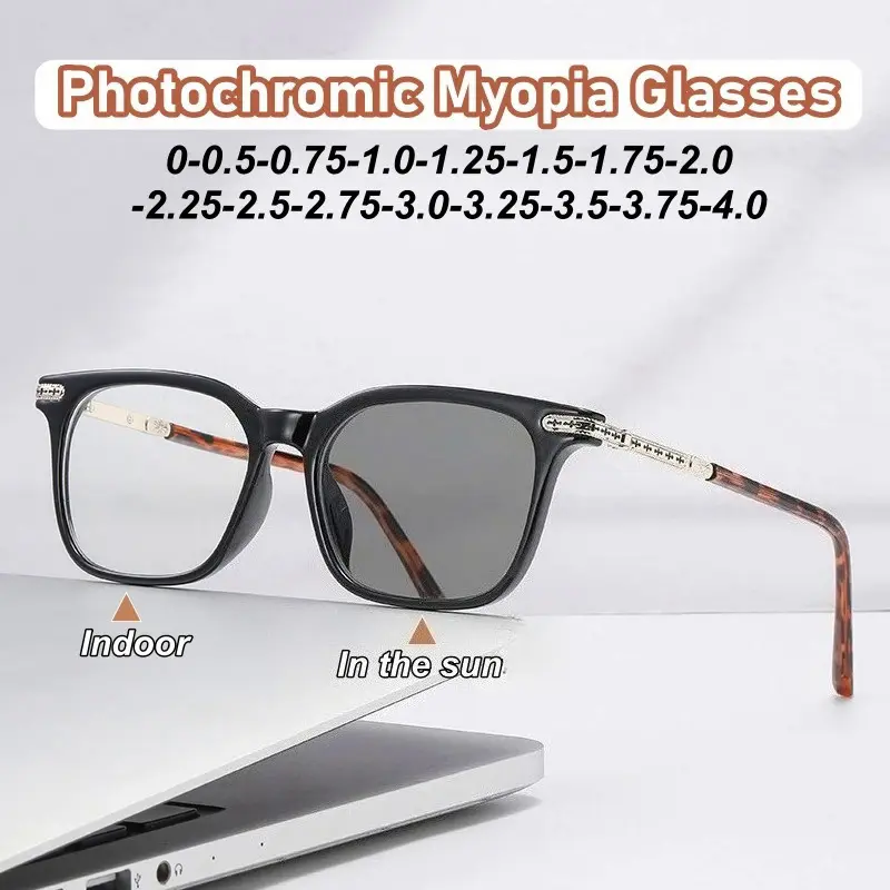 Retro Photochromic Myopia Glasses Anti-Blue Light/UV400 Transitions Lenses Fashion Eyeglasses Frame for Men&Women-1.5-2.25-2.75