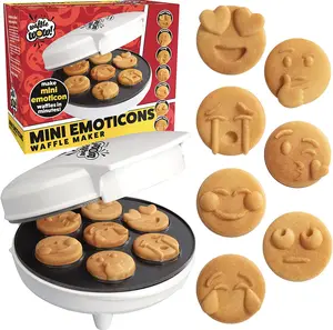 Mini Emojis Waffle Maker for Breakfast- Make 7 Unique Smiley Face Waffles Pancakes for Kids- Electric Non Stick Iron Feat Kiss Face Heart Eyes & Smile w Recipes - Licensed by Emoji