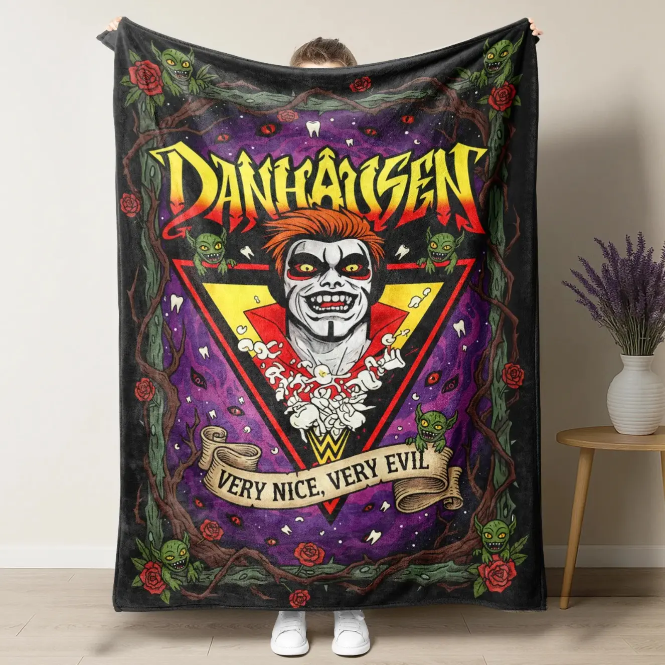 Danhausen "Very Nice, Very Evil" Flannel Blanket – Cozy Gothic Horror Wrestling Character Throw, Soft Warm Blanket for AEW Fans & Spooky Home Decor, Birthday & Holiday Gift