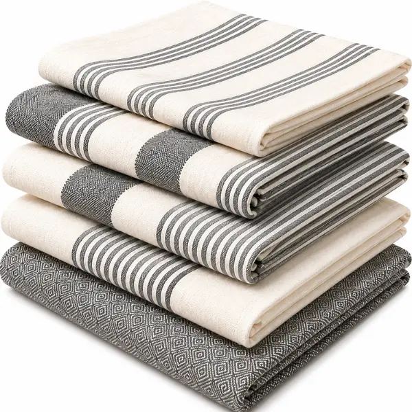 Premium Cotton Striped Kitchen Towels (5-Pack, 16x28 in) - Ultra Absorbent, Quick Dry, Soft, Durable Machine Washable Multi-Use Cleaning Cloths for Kitchen Dishes, Hand Drying