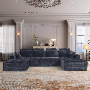 【3 Packages Shipping】134" Boneless Couch for Living Room, Oversized U Shaped Modular Cloud Sofa with Deep Seat, Ergonomic Memory Foam Sleeper Chair, Comfy Fluffy Corduroy Sectional Couches, No Assembly, Free Combination, Grey, Black, Beige furniture