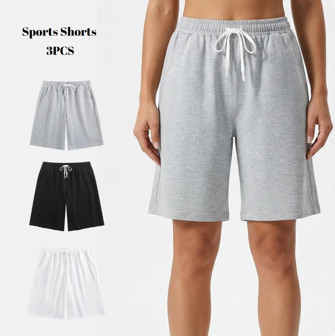 Women's 3 Pack Washed Cotton Shorts, Casual Sporty Lightweight Breathable Stretchy Fabric for Workout with Pockets and an Adjustable Drawstring Waist, Breathable Stretchy Shorts, Casual Sporty Shorts