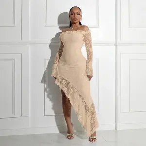 Women's Formal Beige Lace Dress Off - Shoulder, Long Sleeves, Asymmetric Ruffled Hem Wedding Guest Dresses