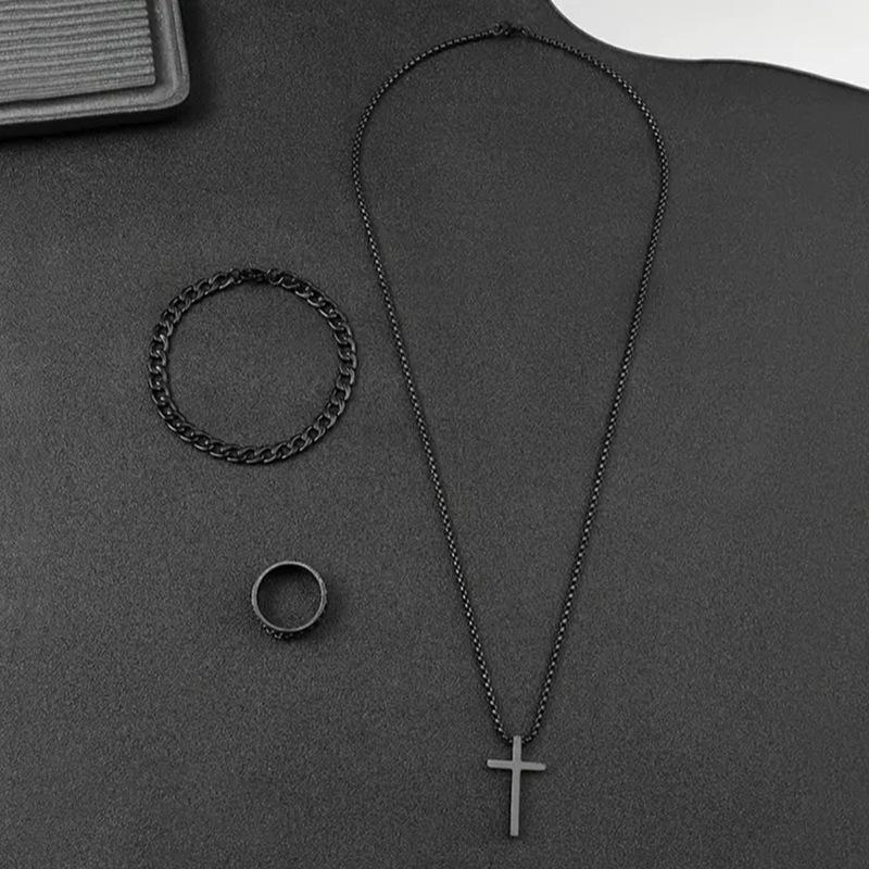 Men's Stainless Steel Cross Pendant Necklace Bracelet & Ring Set Elegant Fashionable Jewelry Gift for Holidays Durable Cohesive Ensemble