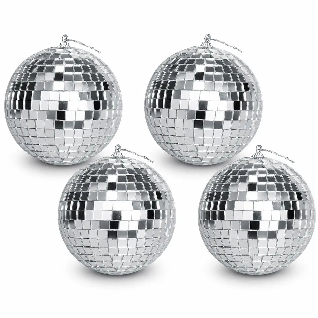 4 Disco Balls Set Pack, 5in Silver Hanging Mirror Tile Orbs with Retro Shine & Disco Vibe, Light Reflector Party Decorations for Room & Party Events