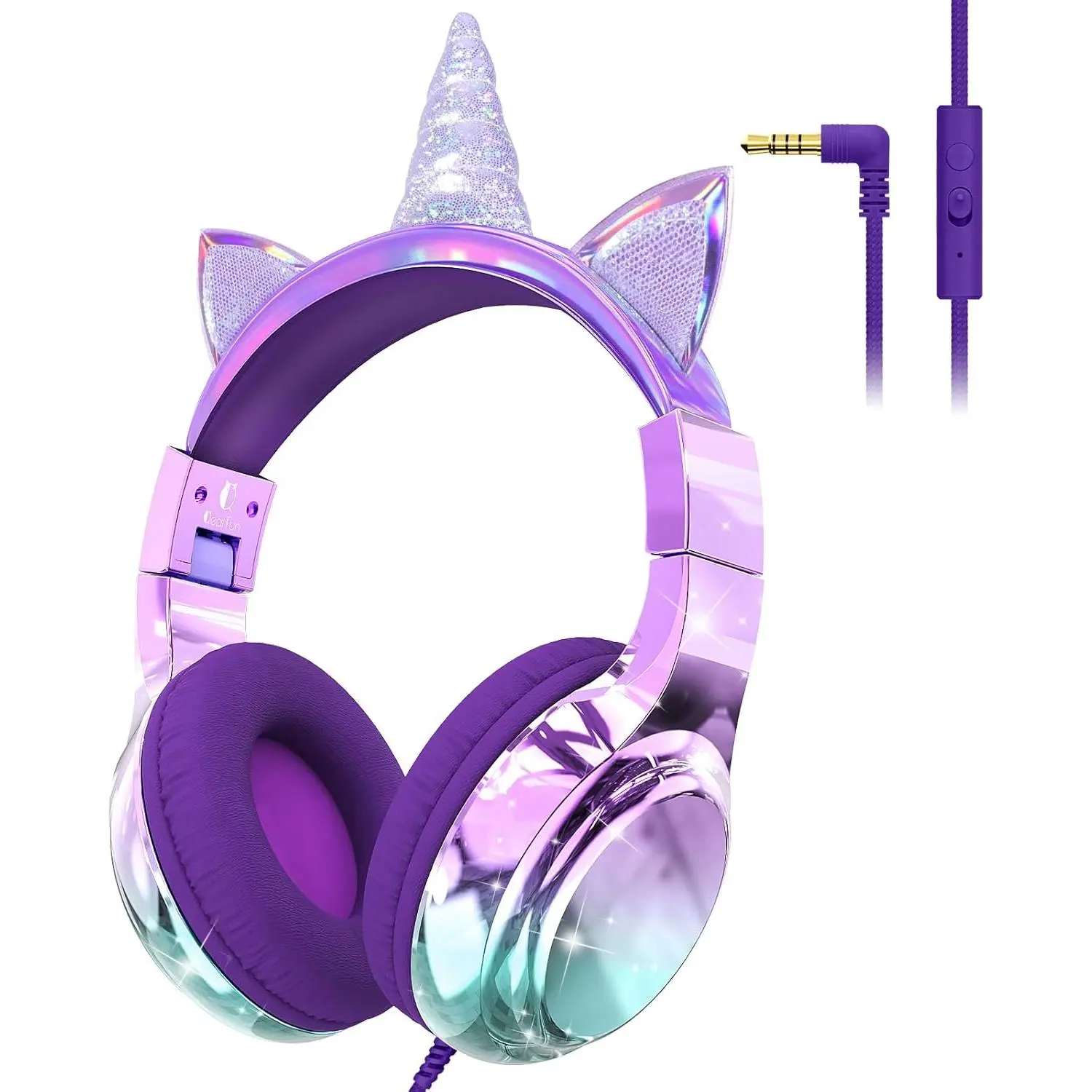 SQ-HPS008 Universal Kids' Over-Ear Plastic Unicorn Wired Stereo Headphones - 3.5mm Jack, Tanglefree Stereo Cable, Microphone, 85/94dB Safe Volume Limiter, Volume Control, Share Port, Foldable Sparkly Memory Foam, Portable for School, Travel (Purple)