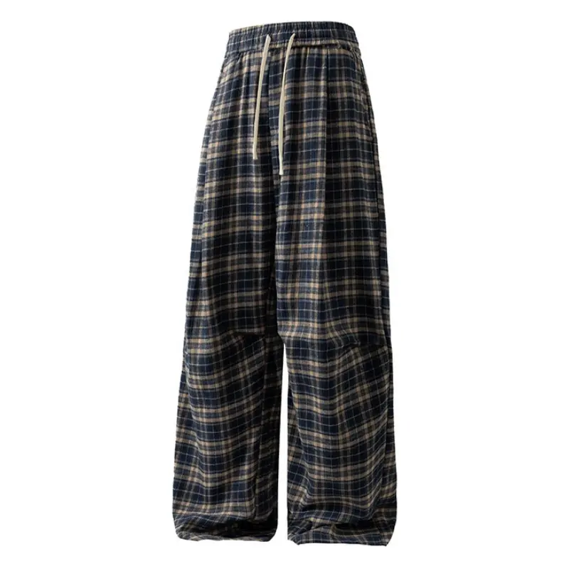 Men's Vintage Brown Plaid Spliced Wide Leg Pants, Drawstring Elastic Waist Loose Straight Grid Trousers, Soft Drape Casual Pants Suitable For Campus Shopping And Daily Travel