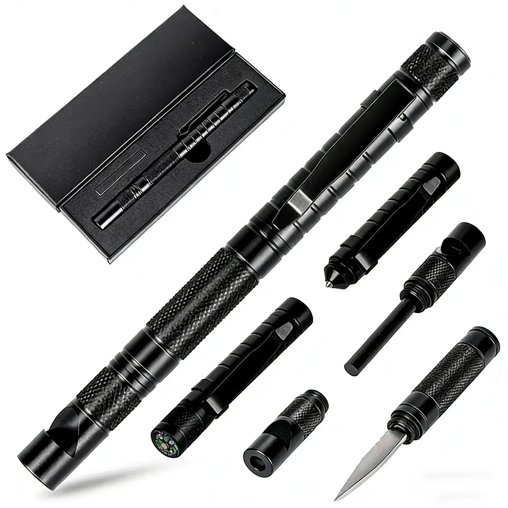 Multi-Function Outdoor Survival Fire Starter Rod, Waterproof Rainproof, 5-in-1 with Compass Window Breaker Emergency Whistle Knife