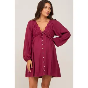 Burgundy Crochet Lace Button Front Maternity Dress
