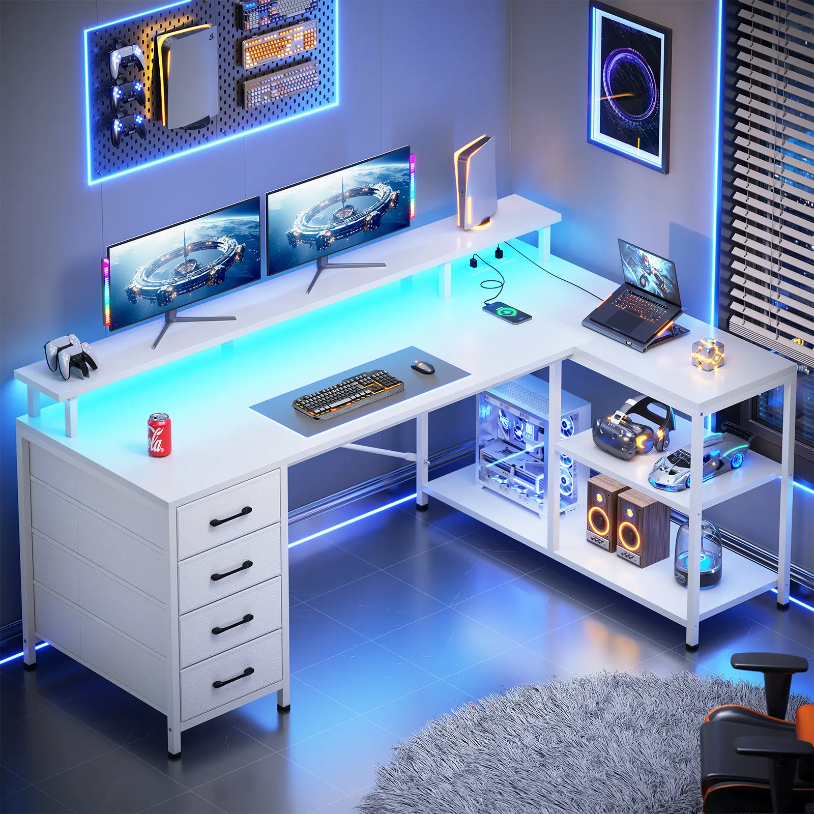 Sedeta 47.2-Inch Modern L-Shaped Wood-Metal Computer Office Desk - Commercial Office Furniture with Metal Frame, 4 Drawers, Storage Shelves, LED Lighting, Charging Station, Easy Assembly for Large Spaces, Gaming Use, Dual Monitor Setup, Modern Corner Desk