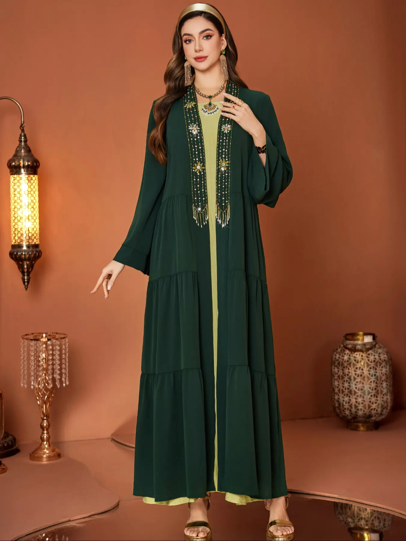 Deep Beaded Abaya Robe, Rhinestones, Fringe, Floral Embroidery, Perfect for Ramadan & Weddings, Elegant Women's Outerwear, Traditional Abaya, Abayas For Eid, Floral Embellished Abaya
