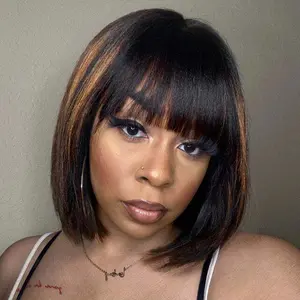 【LIVE Sale】14‘’ Unice Ombre Brown Balayage Yaki Straight Bob Wig with Bang 2x4 Human Hair Lace Closure Wig