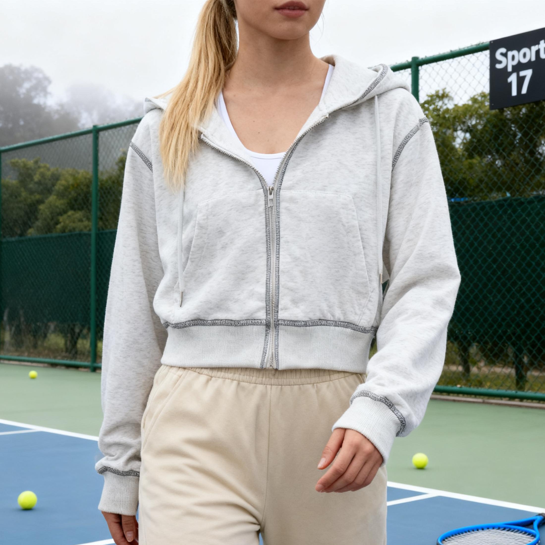 Buenoble Women’s Cropped Zip Up Hoodie Long Sleeve Sweatshirt with Contrast Stitch Casual Loose Fit Jacket