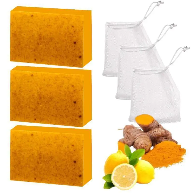 Lemon Turmeric Kojic Acid Bar Soap (3pcs) - Gentle Dark Spot Remover, Acne Cleanser, Facial Wash, Radiant Face Care Bath Soap
